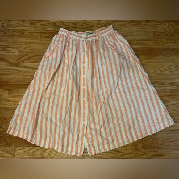 Vtg LL Bean A-line Midi Skirt 100% Cotton Pink/White Pockets Button Down Size 14 - Picture 1 of 8